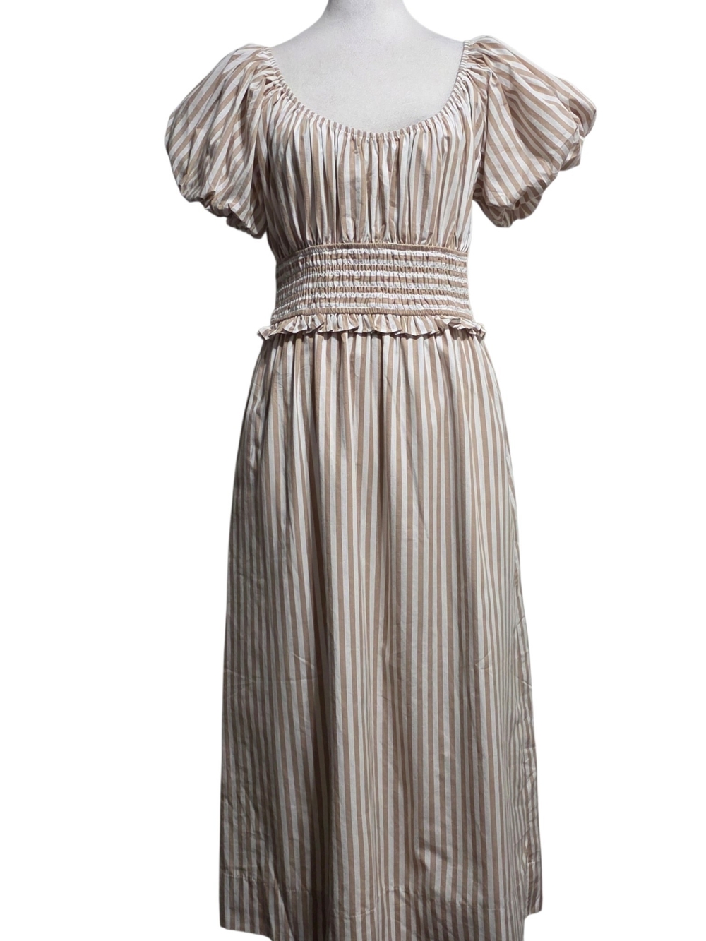 NWT Pomander Place Flynn Puff Sleeve Midi Dress M Tan Stripe Cottagecore Pockets